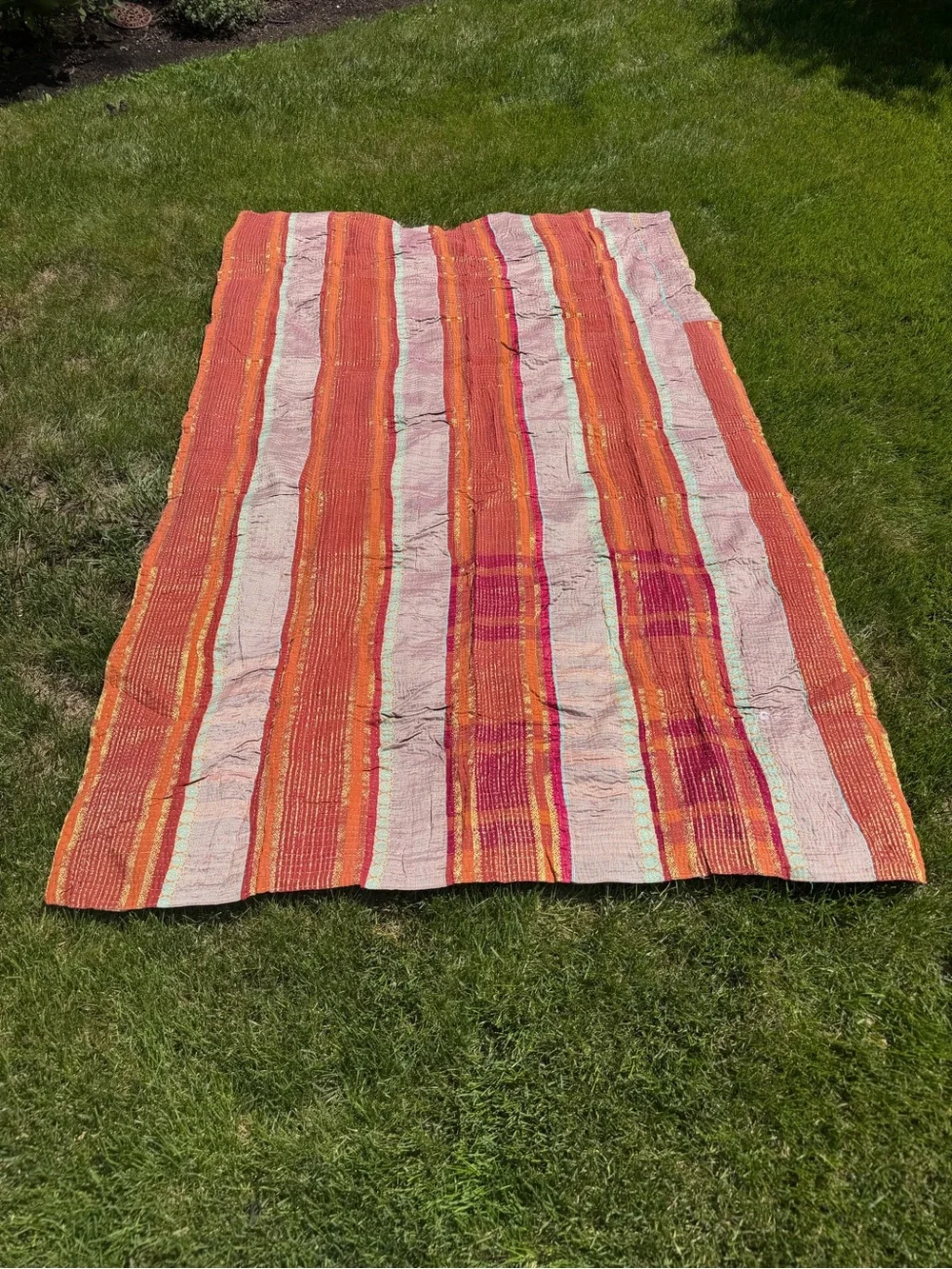 Vintage Kantha Quilt Hot Pink Gold Reversible Indian Hand Stitched Throw
